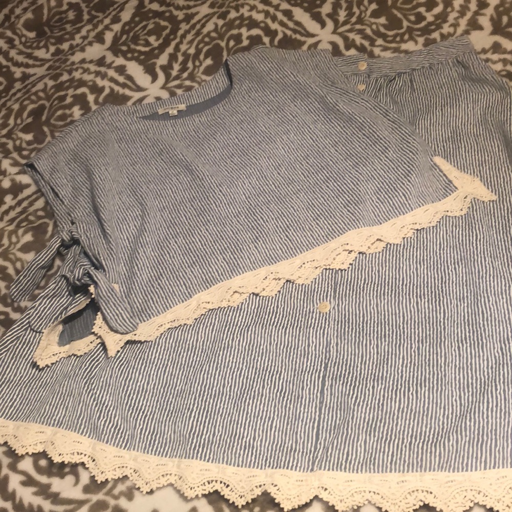Umgee Blue Stripe Lace Trim Skirt & Top Set